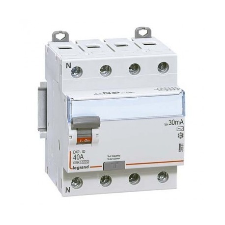 INTERRUPTEUR DIFFÉRENTIEL DX³-ID ARRIVÉE HAUTE ET DÉPART HAUT À VIS - 4P 230V~ 25A TYPE AC 30MA - 4 MODULES LEGRAND